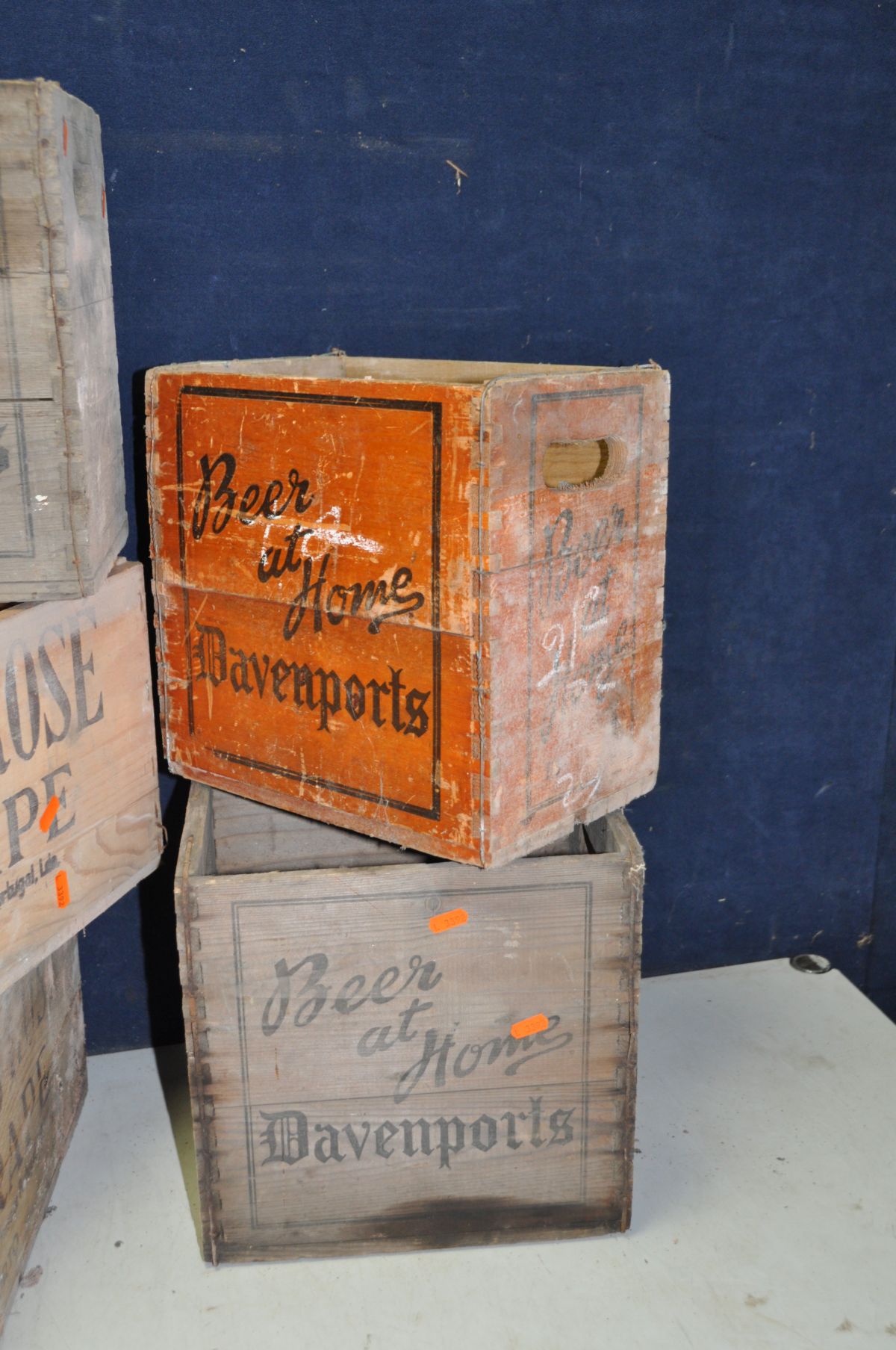 FIVE VINTAGE DAVENPORTS 'BEER AT HOME' WOODEN BOTTLE CRATES width 30cm x depth 20cm x height 30cm - Image 2 of 3