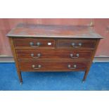 AN EDWARDIAN MAHOGANY AND STRUNG CHEST OF TWO OVER TWO LONG DRAWERS, width 106cm x depth 46cm x