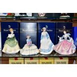 FOUR BOXED ROYAL DOULTON FIGURES, Rebecca HN2805, height 19cm (dusty), Summertime HN 3137, Daydreams