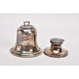 TWO SILVER INKWELLS, the first in the form of a bell with hinged lid opening to a clear glass liner,