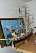 A WOODEN MODEL OF THE CUTTY SARK, BOOKS AND PICTURES comprising model ship approximately 112cm x