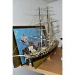 A WOODEN MODEL OF THE CUTTY SARK, BOOKS AND PICTURES comprising model ship approximately 112cm x