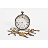 A SILVER OPEN FACE POCKET WATCH, round white dial signed 'J. Reed Brampton', Roman numerals, seconds