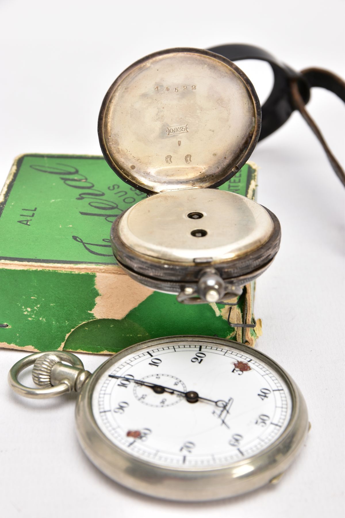 A SILVER OPEN FACE POCKET WATCH, A STOP WATCH AND AN ALBERT CHAIN, the pocket watch with a round - Image 4 of 6