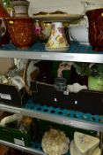 FOUR BOXES AND LOOSE CERAMICS AND GLASSWARES, to include various jardinieres and vases, tallest vase