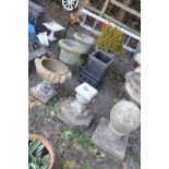 EIGHT VARIOUS GARDEN ORNAMENTS/PLANTERS to include a pair of composite urns height 48cm, a