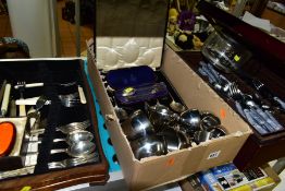 TWO CANTEENS OF CUTLERY AND A BOX OF SILVER, PLATED AND OTHER ITEMS to include a silver Victorian