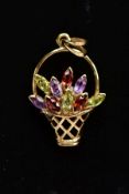 A 9CT GOLD GEM SET PENDANT, in the form of a basket, set with marquise cut garnets, peridots and