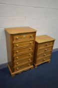 A TALL PINE CHEST OF SIX DRAWERS, width 62cm x depth 38cm x height 107cm, along with a similar chest