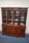 A MAHOGANY BREAKFRONT DISPLAY CABINET, width 167cm x depth 43cm x height 194cm (six keys)