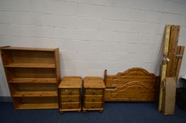 A PINE 5FT BEDSTEAD, with side rails, slats and bolts, along with a pair of three drawer bedside