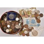 A TIN OF MIXED COINS to include a carded five pound coin etc