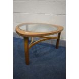 A NATHAN TEAK TRIANGULAR COFFEE TABLE, with a circular glass insert, width 77cm x height 44cm