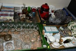 FIVE BOXES AND LOOSE CERAMICS, GLASSWARES, PICTURES, LPs, CDs, DVDs, etc to include Coalport '