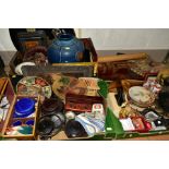 FOUR BOXES OF MOSTLY MODERN ORIENTAL CERAMICS, TREEN, METALWARES, TEXTILES etc, including