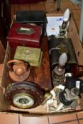 A BOX OF TABLE LAMPS, BOXES, CLOCK, CLAY PIPES AND SUNDRY ITEMS, to include walnut writing box (