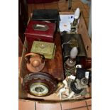 A BOX OF TABLE LAMPS, BOXES, CLOCK, CLAY PIPES AND SUNDRY ITEMS, to include walnut writing box (