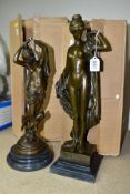 TWO BOXED REPRODUCTION BRONZE FIGURES, female nudes, one with a cherub, on marble style plinths