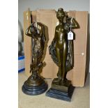 TWO BOXED REPRODUCTION BRONZE FIGURES, female nudes, one with a cherub, on marble style plinths