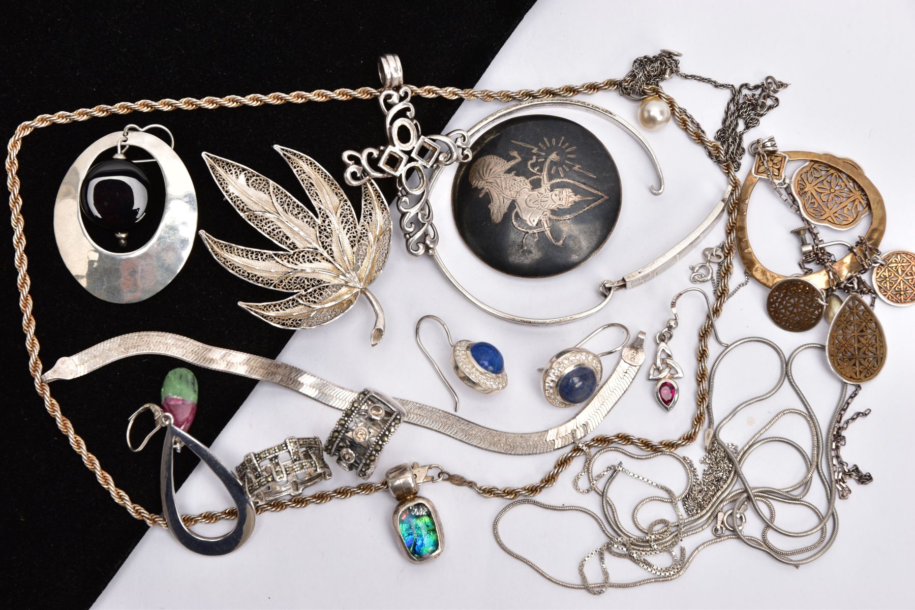 A BAG OF ASSORTED SILVER AND WHITE METAL JEWELLERY, to include a silver bangle, fitted with a mother