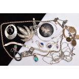 A BAG OF ASSORTED SILVER AND WHITE METAL JEWELLERY, to include a silver bangle, fitted with a mother