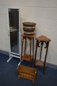 TWO OAK TORCHERE STANDS, along with a plastic planter, painted cheval mirror and a magazine rack (