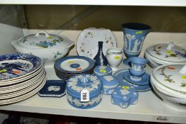 THIRTY FOUR PIECES OF WEDGWOOD DINNERWARES AND GIFTWARES to include two 'Blue Delphi' tureens,