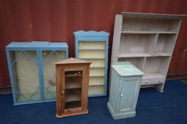 A SELECTION OF PAINTED FURNITURE, to include a pot cupboard, pine hanging corner cupboard, etc (