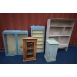 A SELECTION OF PAINTED FURNITURE, to include a pot cupboard, pine hanging corner cupboard, etc (