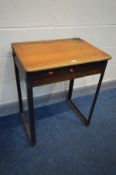 A BEECH AND METAL SCHOOL DESK with a hinged slopped top, width 61cm x depth 46cm x height 76cm