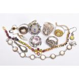 A BAG OF ASSORTED JEWELLERY, to include a white metal mother of pearl bracelet, stamped '925', a