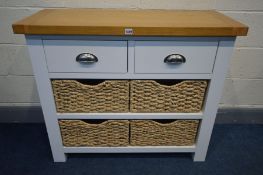 A PARTIALLY PAINTED AND OAK TOPPED SIDE TABLE, with two drawers, and four wicker drawers, width