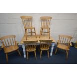 A PINE AND PARTIALLY PAINTED KITCHEN TABLE with six chairs including two carvers (7)