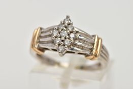 A 9CT GOLD CUBIC ZIRCONIA SET DRESS RING, designed with a marquise shape cluster, set with