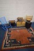 A QUANTITY OF OCCASSIONAL FURNITURE to include a wicker chest and circular occasional table, blue