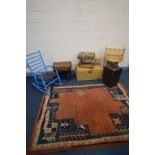 A QUANTITY OF OCCASSIONAL FURNITURE to include a wicker chest and circular occasional table, blue