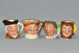 FOUR SMALL ROYAL DOULTON CHARACTER JUGS, Jarge D6295, Jester D5556, Old King Cole D6037 (brown