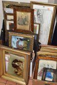 TWO BOXES AND LOOSE PAINTINGS AND PRINTS to include an oil of two dogs signed C. Walters 1906,