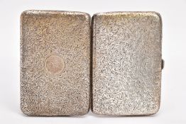 A 'SAMPSON MORDAN' SILVER CIGARETTE CASE, engraved foliate design with a vacant circular