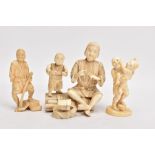 THREE JAPANESE MEIJI PERIOD IVORY OKIMONO, comprising a sectional figure groups of a man and a