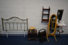 A SELECTION OF OCCASSIONAL FURNITURE, to include a beech cheval mirror, a mahogany wall hanging