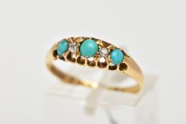 AN EARLY 20TH CENTURY, 18CT GOLD TURQUOISE AND DIAMOND BOAT RING, set with three graduated round