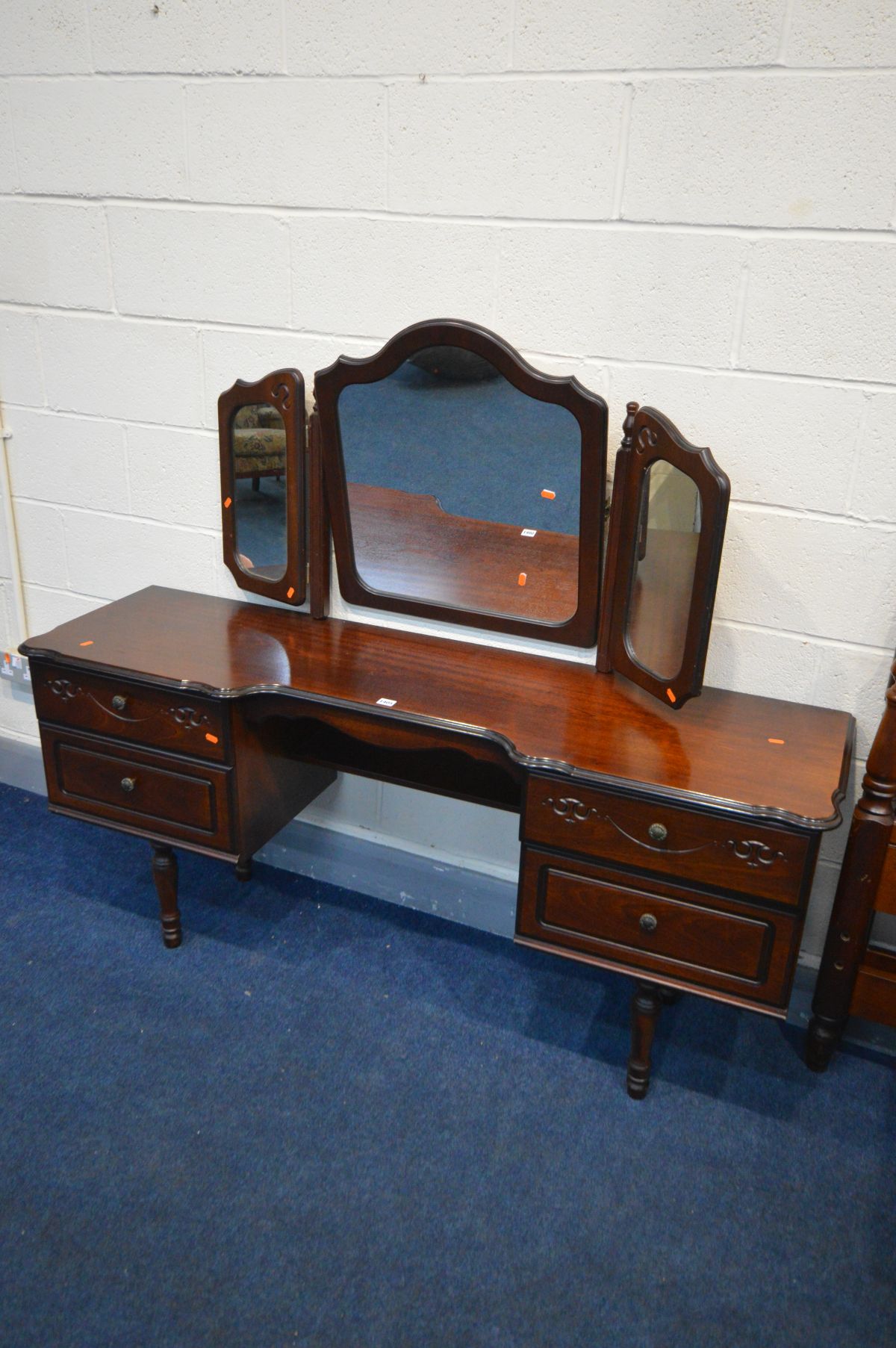A MAHOGANY DRESSING TABLE, with four drawers and triple mirror, length 159cm, stool, a pair of two - Image 3 of 4