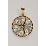 A 9CT GOLD AQUAMARINE AND DIAMOND SET PENDANT, of an openwork circular form, set with vary cut