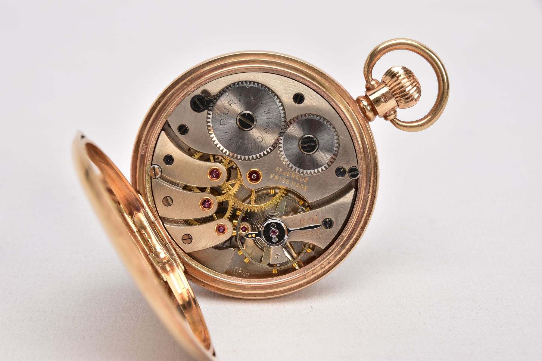 A 9CT GOLD 'BUREN' OPEN FACE POCKET WATCH, round gold dial signed 'Buren, Grand Prix', Roman - Image 6 of 7