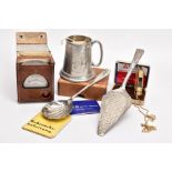 A BAG OF ASSORTED ITEMS, to include a child's nursery rhyme English pewter tankard, a silver-