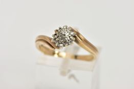 A 9CT GOLD DIAMOND CLUSTER RING, circular cluster set with single cut diamonds (three diamonds are