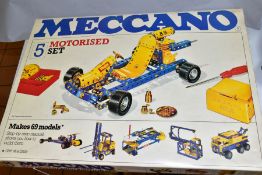 A BOXED MECCANO MOTORISED CONSTRUCTION SET, NO. 5, late 1970's blue and yellow era, contents not