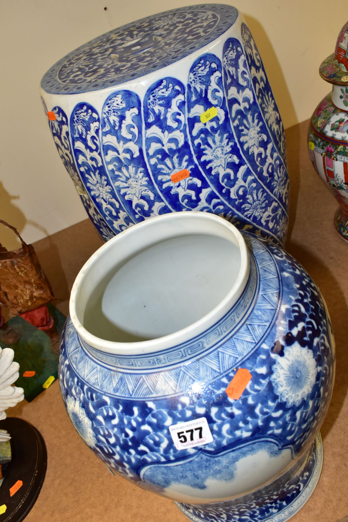 A MODERN CHINESE BARREL STOOL OF WRYTHERN FORM, blue and white floral decoration, approximate height - Image 6 of 8