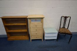 A TALL SLIM BEECH CHEST OF FIVE DRAWERS, width 57cm x depth 42cm 103cm, along with a frosted glass